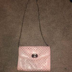 pink, sparkly heart shoulder bag with chain strap